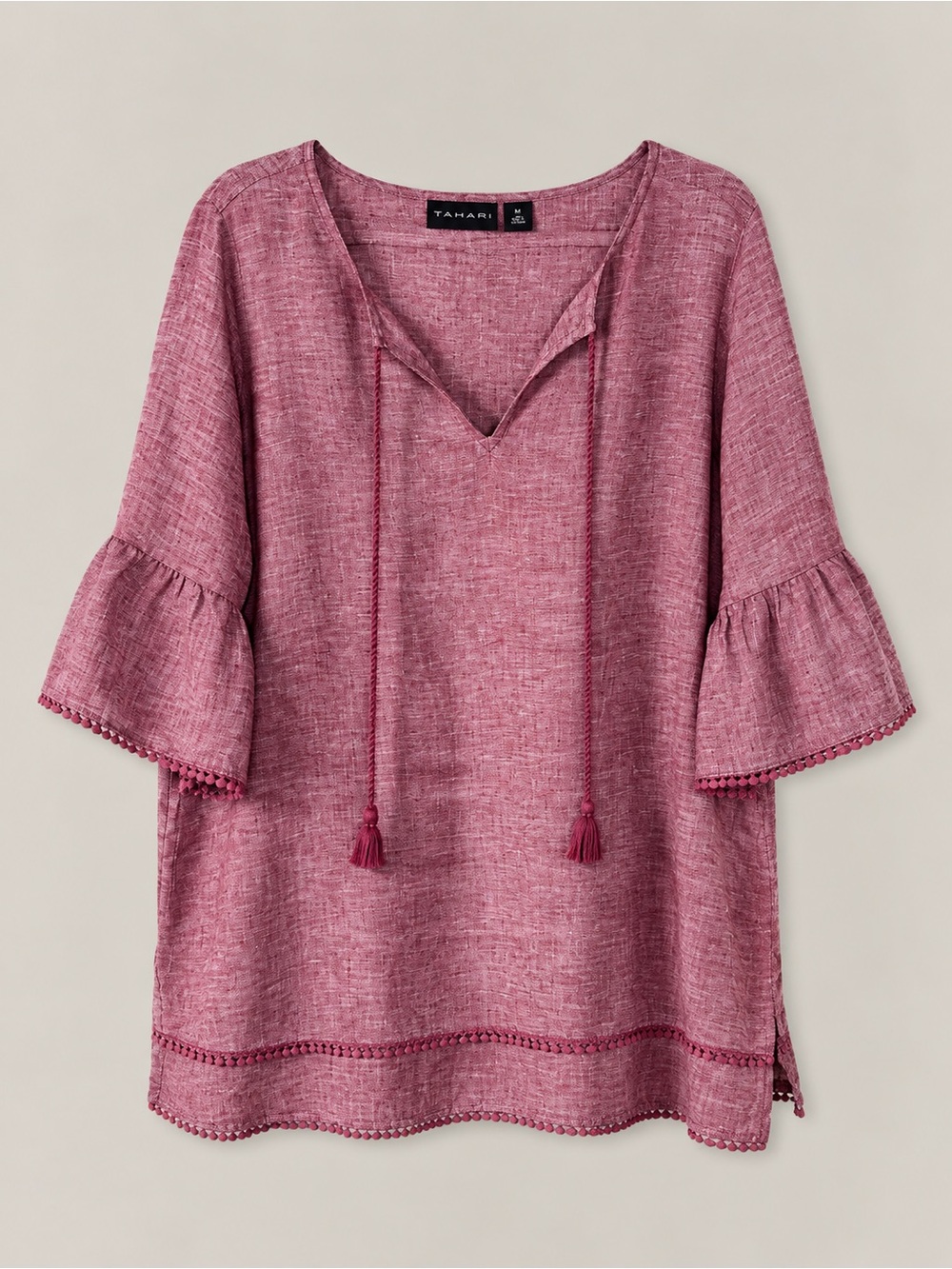 Tahari 100% Linen Blouse Top Tunic 1X Euro Summer Coastal Ruffle Feminine Boho